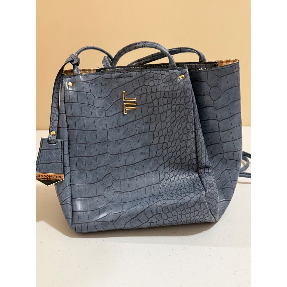 London Fog Collection Blue Croc Embossed Tote Bag Gold Hardware